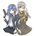  blue_eyes blue_hair braid genderswap genderswap_(mtf) glasses grey_eyes gun hair_over_one_eye handgun highres multiple_girls narukami_yuu no_legs open_mouth persona persona_3 persona_4 pistol school_uniform silver_hair skirt tomo_futoshi unmoving_pattern weapon yagasuri yuuki_makoto 