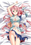  akashi_(kantai_collection) arai_harumaki bed_sheet blush breasts cleavage green_eyes kantai_collection large_breasts long_hair looking_at_viewer lying navel on_back panties pink_hair shirt skirt solo tears torn_clothes torn_shirt torn_skirt underwear white_panties 