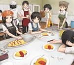  :d animal_hat apron black_hair boned_meat brown_eyes brown_hair commentary food hat head_scarf highres long_hair meat multiple_boys multiple_girls omurice open_mouth original paint paintbrush painting painting_(object) plate short_hair sink smile spoon yajirushi_(chanoma) 