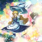  apron arms_up blonde_hair bow broom hat hat_bow kirisame_marisa long_hair open_mouth puffy_short_sleeves puffy_sleeves shirt short_sleeves skirt skirt_set smile solo touhou umigarasu_(kitsune1963) very_long_hair vest waist_apron witch_hat yellow_eyes 