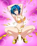  1girl blue_hair blush bra breasts high_school_dxd large_breasts looking_at_viewer open_mouth panties short_hair solo spread_legs underwear xenovia_(high_school_dxd) yellow_bra yellow_eyes yellow_panties 