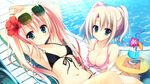  arms_up asakura_hayate bikini blonde_hair blue_eyes blush breasts cleavage eyewear_on_head frilled_bikini frills front-tie_top game_cg looking_at_viewer lying majo_koi_nikki medium_breasts multiple_girls navel o-ring o-ring_top on_back pool poolside small_breasts smile sunglasses swimsuit tokeizaka_kanon tokeizaka_rei twintails water 