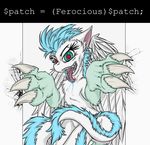  blue_hair claws code dragon drooling feathers female feral foldeath fur furred_dragon green_eyes hair looking_at_viewer mammal original_character patch(character) saliva solo teeth text wings 