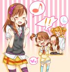  !! 4girls blush brown_hair eighth_note futami_ami futami_mami hairband heart idolmaster idolmaster_(classic) long_hair minase_iori multiple_girls musical_note siblings side_ponytail smile speech_bubble spoken_exclamation_mark spoken_heart spoken_musical_note spoken_sweatdrop sweatdrop takatsuki_yayoi twins twintails usameruti 