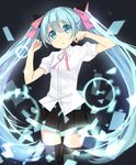  aqua_eyes aqua_hair bad_id bad_pixiv_id hair_ribbon hatsune_miku long_hair nyanku open_mouth ribbon skirt solo thighhighs twintails very_long_hair vocaloid 