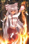  arm_belt bamboo bamboo_forest blurry bow burning depth_of_field dress_shirt embers fire flame forest fujiwara_no_mokou hair_bow hair_ribbon hf5505 highres long_hair long_sleeves looking_at_viewer midriff nature navel ofuda pants red_eyes red_pants ribbon serious shirt solo suspenders touhou tress_ribbon very_long_hair white_hair white_shirt 