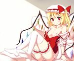  arm_support bed_sheet blonde_hair bow clothes_down crystal flandre_scarlet flat_chest frills hair_bow hair_ribbon hat kneehighs leg_garter looking_up mob_cap nipples no_bra off_shoulder panties pspmaru puffy_short_sleeves puffy_sleeves red_eyes ribbon short_hair short_sleeves side_ponytail sitting smile socks solo thigh_strap thighhighs touhou underwear white_legwear white_panties wings 