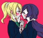  2girls ayase_eli barbell_piercing blazer blonde_hair blush corset_piercing heart holding_hands interlocked_fingers jacket linked_piercing looking_at_another love_live! love_live!_school_idol_project low_twintails multiple_girls otonokizaka_school_uniform piercing ponytail purple_hair red_background ribbon school_uniform scrunchie toujou_nozomi twintails white_scrunchie yuri 