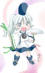  :d blush chibi hat highres holding looking_at_viewer mononobe_no_futo open_mouth plate ponytail signature silver_eyes silver_hair smile solo spring_onion touhou yuzuna99 