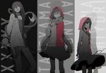  2girls asahina_hiyori bad_id bad_pixiv_id character_name dark_konoha daze_(kagerou_project) hair_ornament hairclip highres hood hoodie kagerou_project konoha_(kagerou_project) long_hair monochrome multiple_girls norishio_(noconoxx) scarf snake spot_color tateyama_ayano twintails 