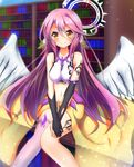  angel_wings black_gloves blurry blush bookshelf breasts gloves halo highres jibril_(no_game_no_life) long_hair looking_at_viewer magic_circle medium_breasts midriff navel no_game_no_life pink_hair pink_legwear single_thighhigh sitting smile solo tattoo thighhighs wings yellow_eyes ymd_(holudoun) 