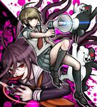  ahoge braid brown_hair danganronpa fukawa_touko genocider_shou glasses hair_ornament hairclip komatsuzaki_rui_(style) long_hair long_tongue megaphone mole mole_under_mouth monokuma multiple_girls naegi_komaru official_style pleated_skirt red_eyes school_uniform scissors serafuku short_hair skirt tezurumozuru tongue tongue_out twin_braids zettai_zetsubou_shoujo 