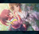  1girl aino_megumi bandaid blush brown_eyes brown_hair dougi flower grass happinesscharge_precure! highres inoshishi_(ikatomo) karate_gi letterboxed long_hair one_eye_closed open_mouth ponytail precure red_hair sagara_seiji short_hair skirt thighhighs wince 