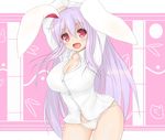  alternate_costume animal_ears arms_up breasts bunny_ears cleavage collarbone large_breasts long_hair long_sleeves looking_at_viewer no_pants open_mouth panties pink_eyes purple_hair reisen_udongein_inaba shirt skindentation smile solo sprout_(33510539) touhou underwear very_long_hair white_panties 