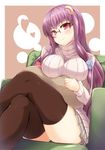  absurdres alternate_costume bespectacled blush bow breasts brown_legwear crescent crescent_hair_ornament crossed_legs glasses hair_bow hair_ornament highres large_breasts long_hair long_sleeves looking_at_viewer nekur patchouli_knowledge purple_eyes purple_hair ribbed_sweater sitting skirt smile solo sweater thighhighs touhou turtleneck zettai_ryouiki 