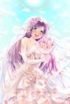  arihara_(arhr0) bare_shoulders blush bouquet breasts bridal_veil bride detached_sleeves dress flower green_eyes highres large_breasts long_hair love_live! love_live!_school_idol_festival love_live!_school_idol_project open_mouth purple_hair smile solo thighhighs toujou_nozomi twintails veil wedding_dress 