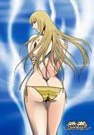  absurdres ass bikini blonde_hair breasts highres lili_(tekken) long_hair looking_back masa_(mk2244) self_hug side-tie_bikini sideboob solo striped striped_bikini striped_swimsuit swimsuit tekken topless undressing yellow_bikini 