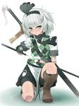  alternate_costume argyle bike_shorts black_hairband blue_eyes boots claymore_(sword) fingerless_gloves gloves hair_ribbon hairband highres katana konpaku_youmu koumajou_densetsu koumajou_densetsu_2 one_knee ribbon short_hair short_sleeves shorts shorts_under_skirt silver_hair skirt solo sword touhou uguisu_(happy_turn) weapon 