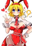  ? adapted_costume alice_margatroid animal_ears ascot bare_shoulders blonde_hair blue_eyes blush bow bowtie breasts bunny_ears bunnysuit capelet cleavage detached_collar earrings fake_animal_ears fishnet_pantyhose fishnets hairband hand_on_hip heart heart-shaped_pupils highres jewelry large_breasts leg_garter leotard pantyhose red_leotard ribbon rindou_(p41neko) sash short_hair smile solo spoken_question_mark symbol-shaped_pupils touhou v wrist_cuffs 