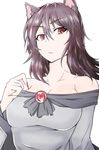  :&lt; absurdres animal_ears bare_shoulders breasts brown_hair cleavage collarbone dress fingernails highres imaizumi_kagerou jewelry large_breasts long_hair looking_at_viewer nekomata_kyou red_eyes solo touhou wolf_ears 