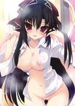  11eyes black_hair breasts cleavage hair_tie highres kuroshiba_kanae large_breasts nude open_clothes open_shirt photoshop red_eyes uncensored white_blouse youta 