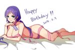  2014 arm_support breasts card cleavage dated green_eyes hanging_breasts happy_birthday large_breasts long_hair looking_at_viewer love_live! love_live!_school_idol_project lying naked_ribbon on_stomach purple_hair ribbon saiste simple_background smile solo toujou_nozomi twintails white_background 