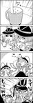  4koma ascot comic commentary cup drinking empty_eyes greyscale hand_on_hip hat highres holding jitome monochrome mug nagae_iku salt shaded_face short_hair simple_background smile stirring tani_takeshi touhou translated trembling two-tone_background white_background yukkuri_shiteitte_ne 