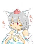  animal_ears bare_shoulders blush blush_stickers detached_sleeves embarrassed fingers hat inubashiri_momiji kieeyo open_mouth pom_pom_(clothes) red_eyes short_hair silver_hair simple_background solo tokin_hat touhou white_background wolf_ears 