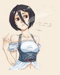  alternate_costume bangs bare_shoulders black_eyes black_hair bleach breasts corset english enmaided kuchiki_rukia maid navel off-shoulder_shirt shirt simple_background small_breasts solo upper_body whistle_frog 