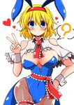  ? adapted_costume alice_margatroid animal_ears ascot bare_shoulders blonde_hair blue_eyes blue_leotard blush bow bowtie breasts bunny_ears bunnysuit capelet cleavage detached_collar earrings fake_animal_ears fishnet_pantyhose fishnets hairband hand_on_hip heart highres jewelry large_breasts leg_garter leotard pantyhose ribbon rindou_(p41neko) sash short_hair smile solo spoken_question_mark touhou v wrist_cuffs 