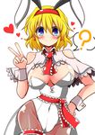  ? adapted_costume alice_margatroid animal_ears ascot bare_shoulders blonde_hair blue_eyes blush bow bowtie breasts bunny_ears bunnysuit capelet cleavage detached_collar earrings fake_animal_ears fishnet_pantyhose fishnets hairband hand_on_hip heart heart-shaped_pupils highres jewelry large_breasts leg_garter leotard pantyhose ribbon rindou_(p41neko) sash short_hair smile solo spoken_question_mark symbol-shaped_pupils touhou v wide_hips wrist_cuffs 