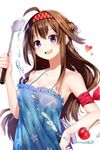  :d ahoge bare_shoulders blurry breasts brown_hair bubble camisole casual cherry cleavage contemporary depth_of_field dress earrings food fruit hair_ornament hairband hairclip headband heart highres jewelry kantai_collection kongou_(kantai_collection) ladle long_hair looking_at_viewer medium_breasts open_mouth purple_eyes sa_(h28085) shiny shiny_skin smile solo 