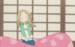 animated animated_gif blonde_hair bouncing bunny futon kaga_rin lowres screencap shirt smile solo usagi_drop 