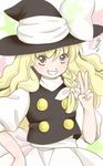  blonde_hair bow braid clenched_teeth hair_bow hair_ornament hair_ribbon hand_on_hip hat hat_bow hat_ribbon highres kirisame_marisa long_hair ribbon signature single_braid smile solo star starry_background teeth touhou v white_bow witch_hat yellow_eyes yuzuna99 
