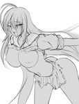  1girl arms_behind_back artist_request ass blush breasts female huge_breasts ikkitousen kan&#039;u_unchou kan'u_unchou large_breasts long_hair monochrome navel nipples open_mouth school_uniform serafuku shima-shuu simple_background skirt solo tetora tongue tongue_out torn_clothes torn_skirt very_long_hair white_background 