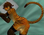  amber_eyes anthro ass_up bent_over blinking brown_hair brown_nose butt clothing crossdressing fur gabe girly gloves green_eyes hair lying male mytigertail orange_fur penis pointy_ears raised_tail solo submissive 