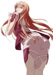  akuma_no_riddle arched_back ass bent_over blue_eyes from_behind hair_ornament hairpin hanabusa_sumireko highres ishida_baru leaning_forward long_hair looking_back orange_hair simple_background solo 