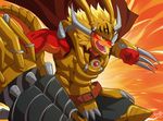  anthro armor belt biceps blonde_hair buddyfight cape claws dragon drill drum_(buddyfight) hair helmet horn male muscles open_mouth orange_skin plain_background rabbity red_dragon reptile scalie solo spikes weapon yellow_eyes 