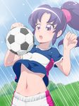  ball breasts happinesscharge_precure! hikawa_iona long_hair navel ponytail precure purple_eyes purple_hair shirt shirt_lift small_breasts soccer_ball solo t-shirt telstar tj-type1 