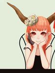  alternate_costume atg_(wttoo0202) bad_id bad_pixiv_id camisole chair chin_rest commentary elbow_rest eyelashes flower gloves grey_background grin hair_flower hair_ornament half_gloves head_rest horn_ribbon horns ibuki_suika long_hair looking_at_viewer orange_eyes orange_hair pointy_ears pov_across_table ribbon rose simple_background single_glove smile solo strap_slip table touhou white_flower white_rose 