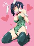  blue_eyes blue_hair blush bow bowtie breasts bunny_tail bunnysuit ear_blush full_body high_heels huge_breasts kantai_collection looking_at_viewer shiny shiny_skin short_hair simple_background solo souryuu_(kantai_collection) squiggle tail tears thighhighs twintails ulrich_(tagaragakuin) wrist_cuffs 