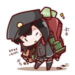  akitsu_maru_(kantai_collection) backpack bag black_hair bucket chibi hat head_tilt kantai_collection machinery military military_uniform nuu_(nu-nyu) one_eye_closed open_mouth remodel_(kantai_collection) short_hair simple_background solo sweat thighhighs translated trembling uniform wavy_mouth white_background 