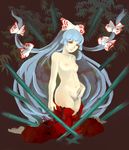  bamboo breasts floating_hair fujiwara_no_mokou full_body hair_ribbon hime_cut kneeling long_hair miero nude pants pubic_hair red_eyes red_pants ribbon ribs silver_hair small_breasts solo touhou tress_ribbon very_long_hair 