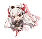  amatsukaze_(kantai_collection) brown_eyes cat_tail chibi dress garter_straps gloves hair_tubes kantai_collection long_hair open_mouth red_legwear rensouhou-kun sailor_dress short_dress simple_background solo striped striped_legwear tail thighhighs turret two_side_up white_background white_hair yuncha zettai_ryouiki 