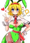  ? adapted_costume alice_margatroid animal_ears ascot bare_shoulders blonde_hair blue_eyes blush bow bowtie breasts bunny_ears bunnysuit capelet cleavage detached_collar earrings fake_animal_ears fishnet_pantyhose fishnets green_leotard hairband hand_on_hip heart heart-shaped_pupils highres jewelry large_breasts leg_garter leotard pantyhose ribbon rindou_(p41neko) sash short_hair smile solo spoken_question_mark symbol-shaped_pupils touhou v wrist_cuffs 