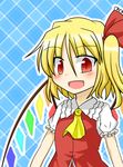  :d ascot bad_id bad_pixiv_id blonde_hair blue_background blush fangs flandre_scarlet frilled_shirt_collar frills hair_ribbon highres open_mouth outline plaid plaid_background puffy_short_sleeves puffy_sleeves red_eyes ribbon short_sleeves side_ponytail slit_pupils smile solo touhou vest wings yuutamiitan 