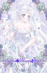  2014 bare_shoulders bead_bracelet beads bishoujo_senshi_sailor_moon bracelet bug butterfly crescent_moon double_bun dress facial_mark flower forehead_mark frame hair_flower hair_ornament insect jewelry long_hair moon pearl princess_serenity ring rose silver_eyes silver_hair smile solo tsukino_usagi twintails white white_dress white_flower white_rose yoshizumi_rie 
