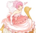  :d alternate_hairstyle bare_shoulders bow dessert dress food gloves heart kaname_madoka kuwabara_(medetaya) looking_at_viewer mahou_shoujo_madoka_magica open_mouth pink_dress pink_eyes pink_hair ponytail short_hair simple_background smile solo veil white_background white_gloves 