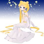  back_bow backless_dress backless_outfit bad_id bad_pixiv_id bishoujo_senshi_sailor_moon blonde_hair blue_eyes bow character_name crescent double_bun dress expressionless facial_mark forehead_mark full_body hair_ornament hairpin long_hair princess_serenity sitting solo strapless strapless_dress tsukino_usagi twintails uttao white_dress 