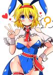  ? adapted_costume alice_margatroid animal_ears ascot bare_shoulders blonde_hair blue_eyes blue_leotard blush bow bowtie breasts bunny_ears bunnysuit capelet cleavage detached_collar earrings fake_animal_ears hairband hand_on_hip heart heart-shaped_pupils highres jewelry large_breasts leg_garter leotard ribbon rindou_(p41neko) sash short_hair smile solo spoken_question_mark symbol-shaped_pupils touhou v wrist_cuffs 